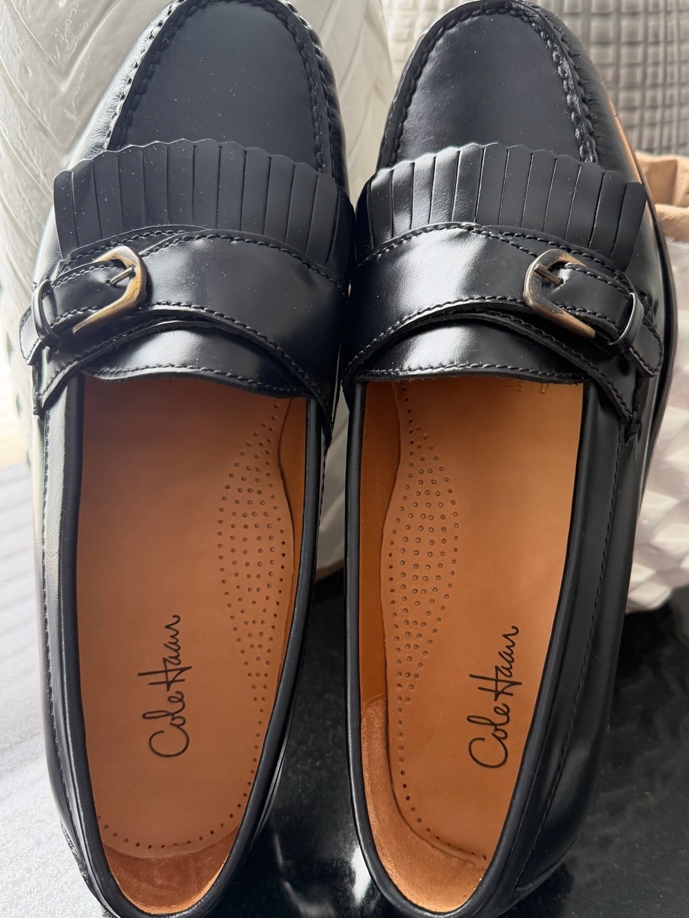 Cole Haan Pinch Buckle Black Leather Kiltie Buckle Slip-On Loafers